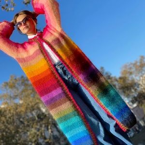 NEW Rose Carmine Rainbow Strong Stripes Long Mohair Sweater